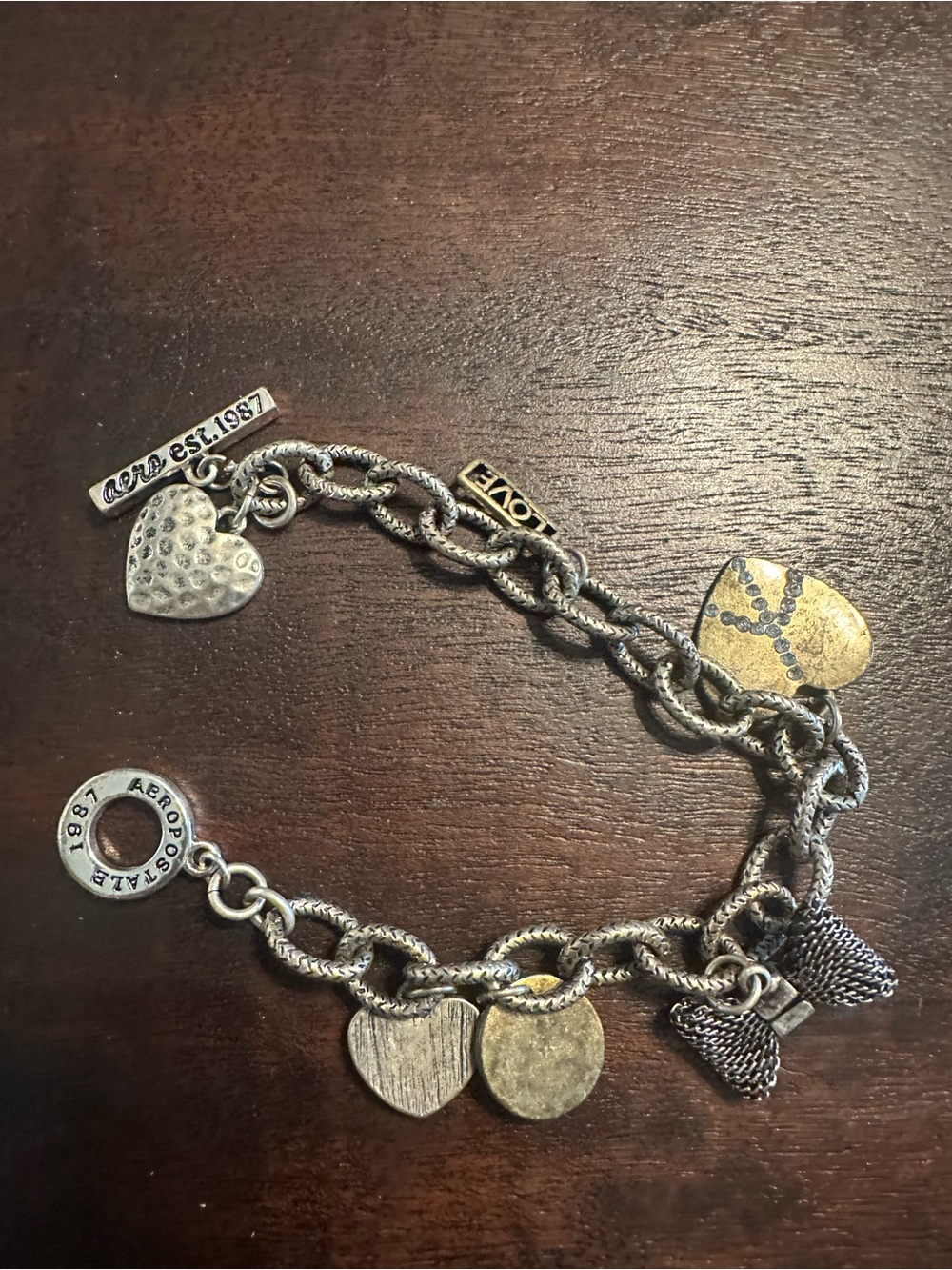 Aeropostale Two-Tone Silver and Gold Heart Charm Chain Bracelet